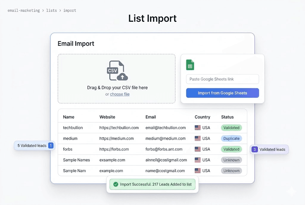 CSV and Google Sheets list import